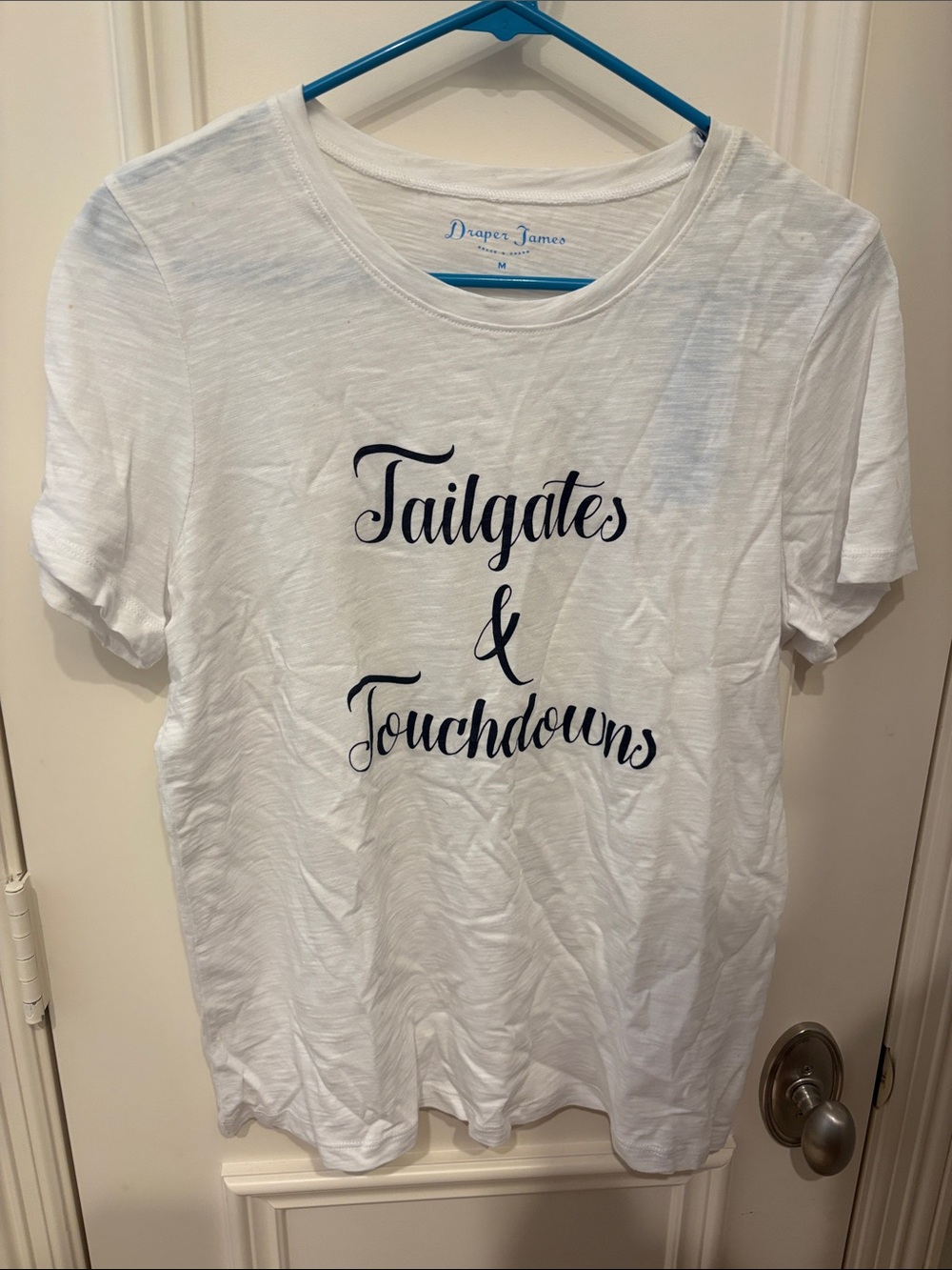Draper James White Tee with Navy Script "Tailgates & Touchdowns"
